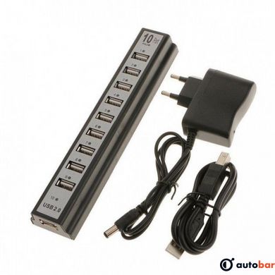 Розгалужувач USB HUB на 10 портів з активною зарядкою 220V. Колір чорний