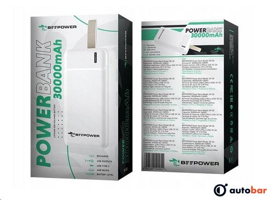 Зовнішній акумулятор BeePower 30000 mAh, 2.1A USB-C/Micro USB IN + 2 x USB3.0 біла BP-30_VW