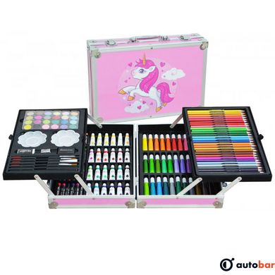 Набір для творчості в алюмінієвій валізі Єдиноріг 145 предметів, чемодан для малювання дитячий кейс. Колір рожевий