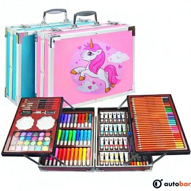 Набір для творчості в алюмінієвій валізі Єдиноріг 145 предметів, чемодан для малювання дитячий кейс. Колір рожевий