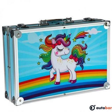 Набір для творчості в алюмінієвій валізі Єдиноріг 145 предметів, чемодан для малювання дитячий кейс. Колір: блакитний