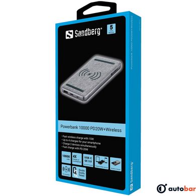 Зовнішній акумулятор Sandberg PD 20W 10000 mAh, Wireless QI 15W, USB, 2xType-C OUT 420-61_VW