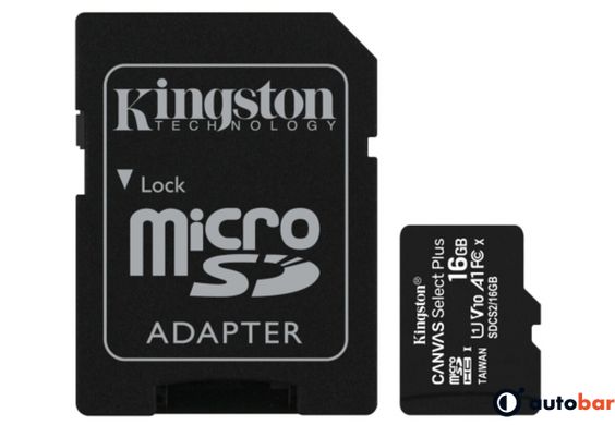 microSDHC (UHS-1) Kingston Canvas Select Plus 16Gb class 10 А1 (R-100MB/s) (adapter SD)