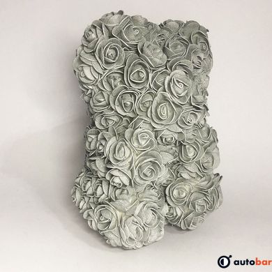 Ведмедик зі штучних 3D троянд 25 см. Колір: срібний