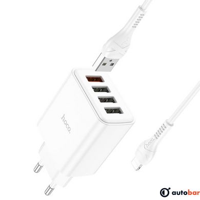 Мережевий зарядний пристрій HOCO C102A Fuerza QC3.0 four-port charger set(iP) 18W White