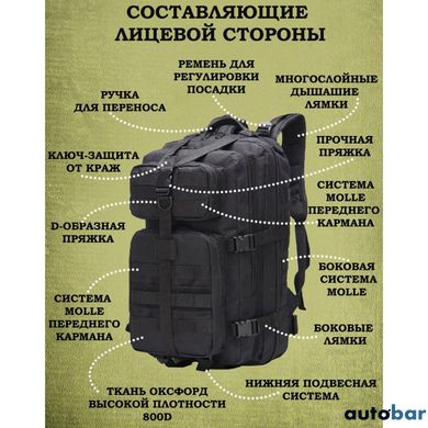 Тактичний рюкзак Tactic 1000D для військових, полювання, риболовлі, туристичних походів, скелелазіння, подорожей та спорту. Колір: чорний